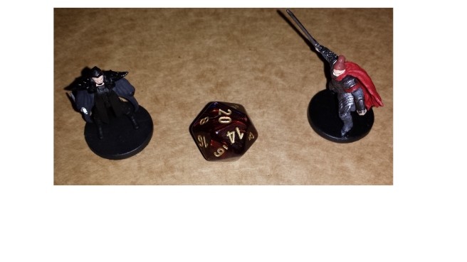 Two D&D minis and a d20