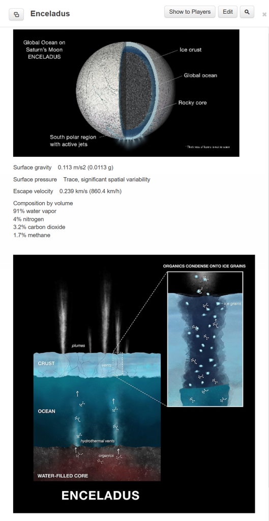 A collection of data on Enceladus from Wikipedia, including a diagram of the global ocean and ice crust, some vital statistics, and another diagram showing hydrothermal vents on the ice moon.